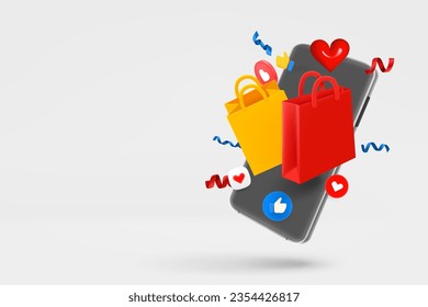 Modern smartphone with social media mobile icons and shopping bags. 3d vector banner with copy space svg