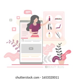 Modern smartphone with social media page on screen. Fashion woman blogger making review for cosmetics. Makeup vlog channel. Video app on mobile display. Trendy style vector illustration