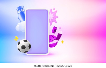 Modern smartphone with sports elements and blank screen. 3d vector banner with copy space