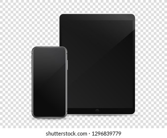 Modern smartphone and tablet computer on transparent background. Vector mockup