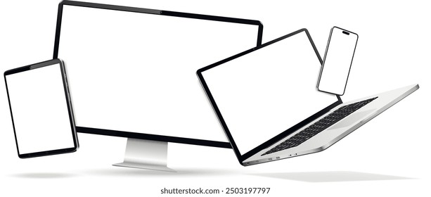 Modern smartphone, tablet, laptop and desktop computer with blank screens. Levitation effect