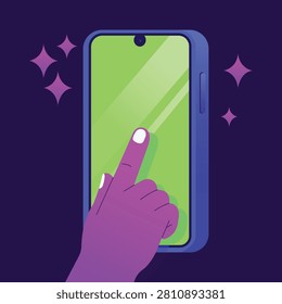 Modern smartphone touchscreen illustration with finger tap interaction featuring mobile interface digital application usability technology communication navigation and user experience concepts for contemporary devices.