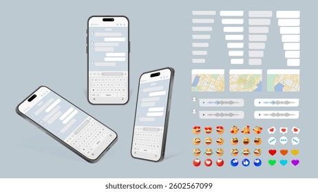 Modern Smartphone UI Template for Social Messaging Apps: Chat App with Dialogues, Cartoon Emojis, Chat Bubbles, Voice Messages, GPS Maps, and Realistic Mobile Design. Vector.