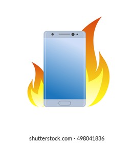 Modern smartphone under fire icon. Burn battery cell phone. Bad quality. Danger device simple gradient symbol.