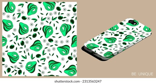 Modern smartphone in unique case decorated Avocado cutting fruit seamless pattern with leaves and flowers. Isometric top view. Vector ornament for design of posters and accessory