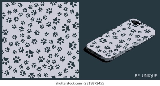 Modern smartphone in unique case decorated Pads of cat paws seamless pattern. Animal paw prints on ground. Isometric top view. Vector ornament for design of posters and accessory