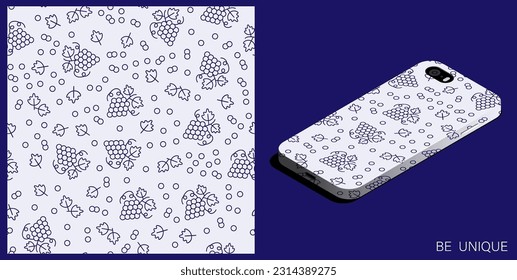 Modern smartphone in unique case decorated juicy bunch of grapes with leaves and tendrils pattern. Isometric top view. Vector ornament for design of posters and accessory