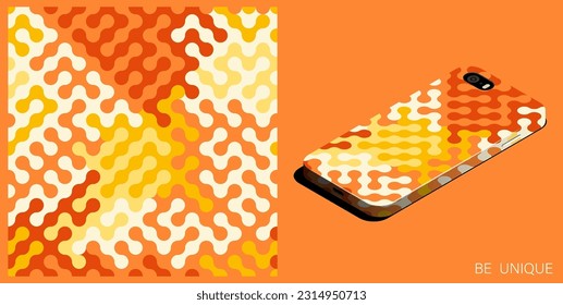 Modern smartphone in unique case decorated abstract geometric pattern with fractal ornament. Spring and summer ornate. Isometric top view. Vector ornament for design of posters and accessory