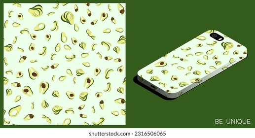 Modern smartphone in unique case decorated Avocado cutting fruit seamless pattern. Avocado wedges and slices. Isometric top view. Vector ornament for design of posters and accessory