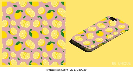 Modern smartphone in unique case decorated seamless pattern with whole lemon with piece of citrus. Lemon with zest and leaves. Isometric top view. Vector ornament for design of posters and accessory