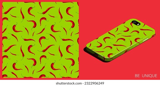 Modern smartphone in unique case decorated hot red pepper for mexican dishes. Hot chili pepper pattern. Isometric top view. Vector ornament for design of posters and accessory