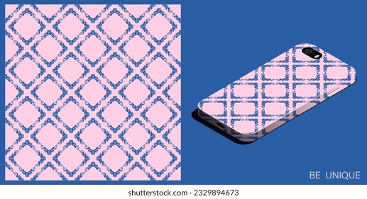 Modern smartphone in unique case decorated geometric seamless pattern with Grapevine scroll and tendril rhombus and square. Vector ornament for design of posters and accessory