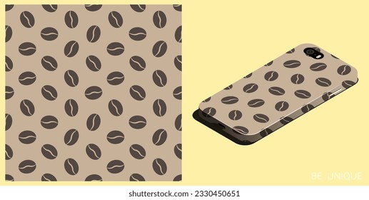 Modern smartphone in unique case decorated Grain of coffee bean plant seamless pattern. Morning drink for great mood. Isometric top view. Vector ornament for design of posters and accessory