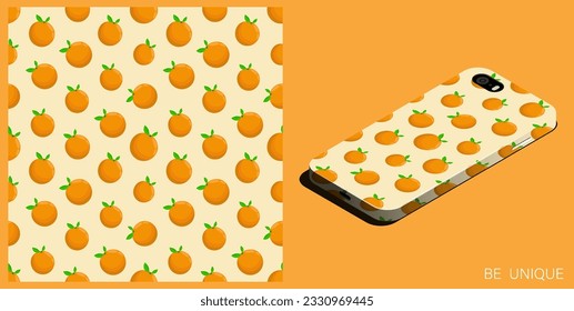 Modern smartphone in unique case decorated seamless pattern with whole orange and leaves. Isometric top view. Vector ornament for design of posters and accessory