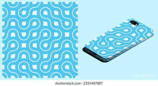 Modern smartphone in unique case decorated abstract geometric blue seamless pattern with lines and fractal ornament. Isometric top view. Vector ornament for design of posters and accessory