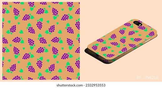 Modern smartphone in unique case decorated seamless pattern with sketchy bunch of grapes and leaves. Isometric top view. Vector ornament for design of posters and accessory