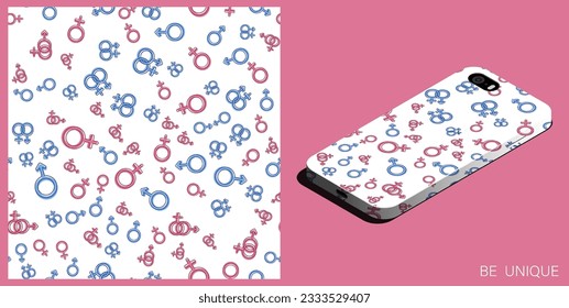 Modern smartphone in unique case decorated Male and female symbol seamless pattern. Gender sign. Isometric top view. Vector ornament for design of posters and accessory