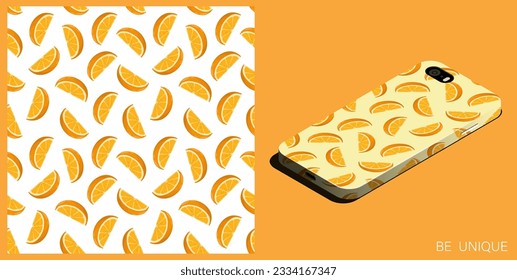 Modern smartphone in unique case decorated seamless pattern with slices of orange. Slices of orange. Isometric top view. Vector ornament for design of posters and accessory