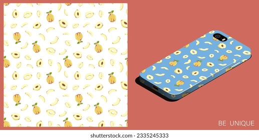 Modern smartphone in unique case decorated seamless pattern with Quince fruit whole and cut in half. Exotic fruit. Isometric top view. Vector ornament for design of posters and accessory