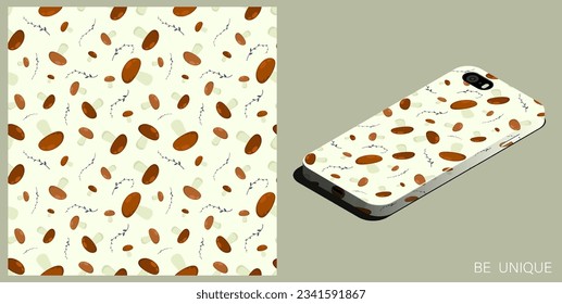 Smartphone moderno en estuche único decorado a la perfección con setas comestibles y ramas picantes. La carta del restaurante vegetariano. Vista superior isométrica. Ornamento vectorial para el diseño de carteles y accesorios