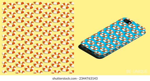 Modern smartphone in unique case decorated seamless pattern with red white life buoy on blue sea waves. Isometric top view. Vector ornament for design of posters and accessory