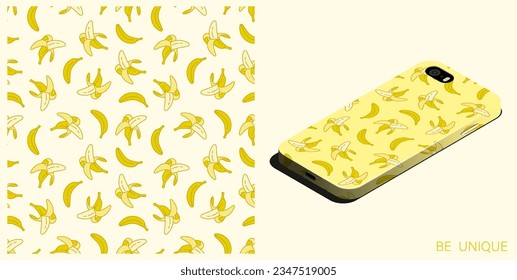 Modern smartphone in unique case decorated seamless pattern with peeled sweet ripe bananas. Harvesting tropical fruits. Isometric top view. Vector ornament for design of posters and accessory