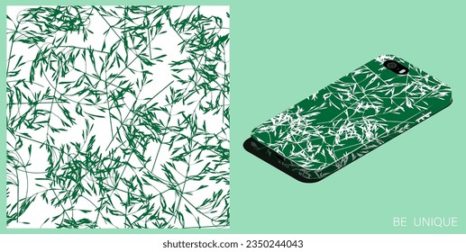 Modern smartphone in unique case decorated cereal grass leaves silhouettes seamless patterns. Isometric top view. Vector ornament for design of posters and accessory
