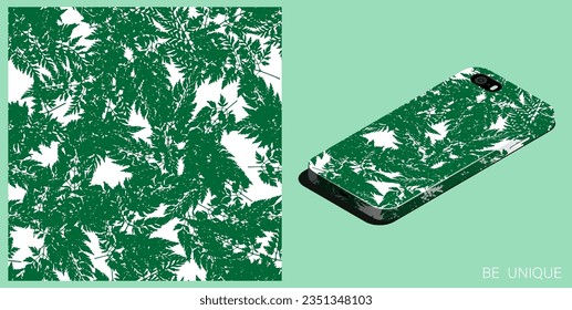 Smartphone moderno en estuche único decorado perejil de hierba de campo silvestre con hierba herbario pradera patrón sin fisuras. Vista superior isométrica. Ornamento vectorial para el diseño de carteles y accesorios