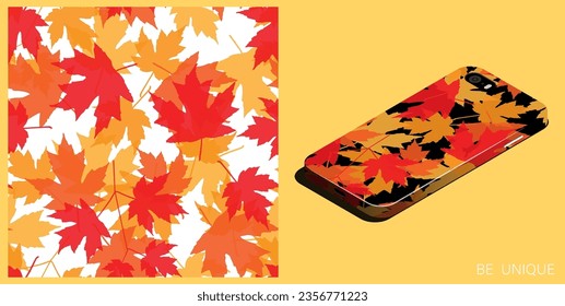 El smartphone moderno en un caso único decorado con herbario secado de arce de otoño deja un patrón sin fisuras. Vista superior isométrica. Ornamento vectorial para el diseño de carteles y accesorios