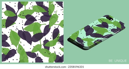 Modern smartphone in unique case decorated basil grass leaves and seeds seamless pattern. Edible plants for delicious food. Isometric top view. Vector ornament for design of posters and accessory