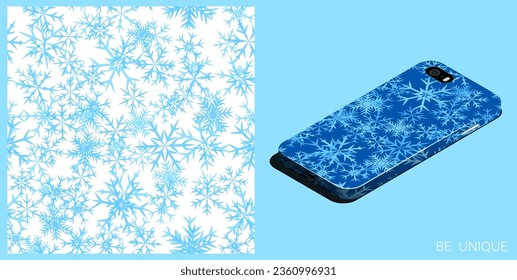 Modern smartphone in unique case decorated winter snowflakes. Six pointed fluffy snowflakes symbol of winter weather. Isometric top view. Vector ornament for design of posters and accessory