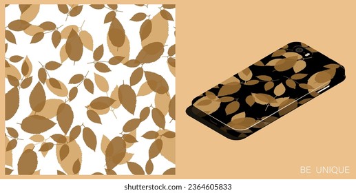 Modern smartphone in unique case decorated black silhouettes of ash leaves seamless pattern. Autumn fallen leaves of ash tree. Isometric top view. Vector ornament for design of posters and accessory
