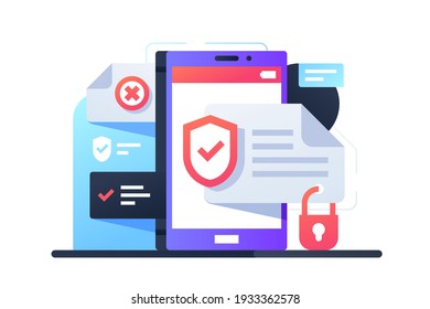 Modern smartphone using application with data protection program. Isolated concept mobile device with app for system security. Vector illustration.