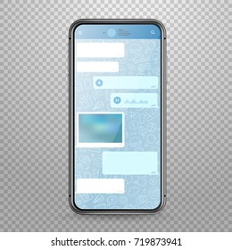 Modern smartphone vector mockup with messenger application template. Discussion template