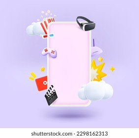 Modern smartphone with video entertainment elements and blank screen. 3d vector illustration - Shutterstock ID 2298162313