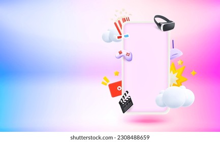 Modern smartphone with video entertainment elements and blank screen. 3d vector banner with copy space