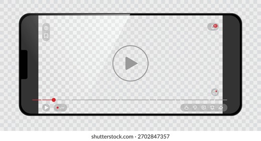 Interface cinzenta do reprodutor de vídeo na tela do smartphone com botão de reprodução, linha do tempo, controles de mídia e ícones sociais para design de aplicativos, layouts da Web, streaming on-line e modelos de interface do usuário.