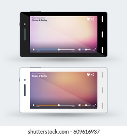 Modern smartphone with video player on the screen. Flat design template for mobile apps. Black and white smartphones. Vector illustration