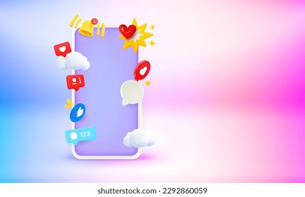 Modern smartphone with video social media elements and blank screen. 3d vector banner with copy space