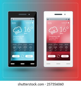 Modern smartphone with weather app on the screen. Flat design template for mobile apps