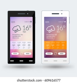 Modern Smartphone With Weather App On The Screen. Flat Design Template For Mobile Apps. Black And White Smartphones. Vector Illustration