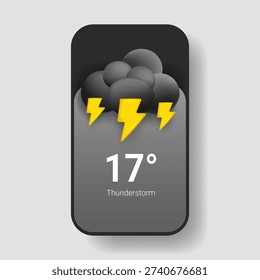 Modern smartphone weather application interface displaying thunderstorm forecast with temperature indicator and lightning storm icon