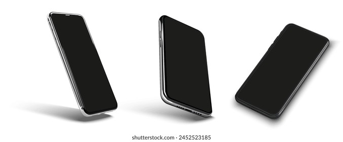 Modern Smartphones with Blank Screens in Various Angles. Sleek, contemporary smartphones showcased at different perspectives, with blank displays for customizable content. Vector illustration