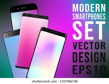 Modern smartphones with colorful gradient screensaver. Mobile phone mockup design. Vector illustration.