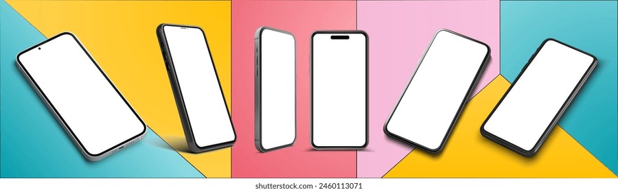 Modern Smartphones Display Collection on Colorful Backgrounds. Modern smartphones with blank screens, displayed in various angles across a multicolored background, perfect for digital mockups. Vector