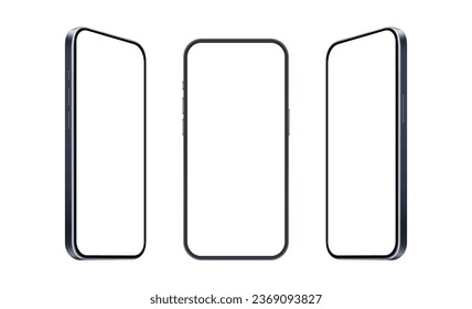 Modern Smartphones Set, Blank Screens, Front, Side View, Isolated on White Background. Vector Illustration