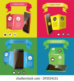 Modern smart-phones set with green ribbons vector illustration