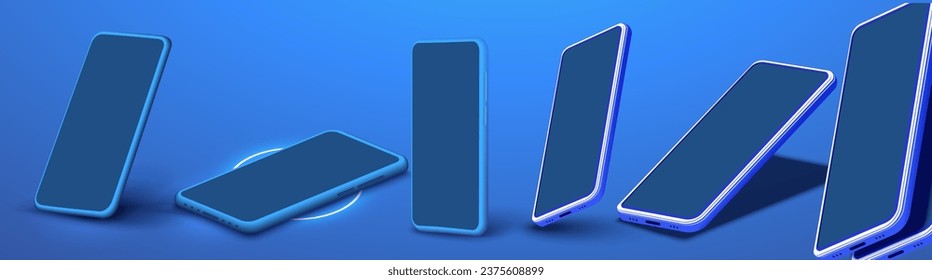 Modern Smartphones in Various Angles on a Blue Background. Isolated templates, phone view from different angles. Mobile device concept