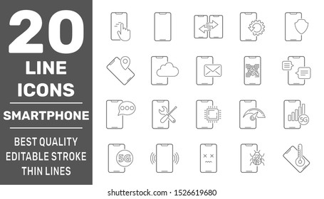 Iconos vectoriales modernos de smartphones. Colección de pictogramas lineales. Los iconos vectoriales de los smartphones modernos están configurados. Trazo editable. EPS 10