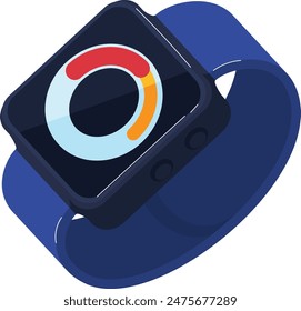 Modern smartwatch blue strap black rectangular screen colorful activity tracker interface blue isolated white background flat vector illustration. Wearable technology fitness tracking heart rate